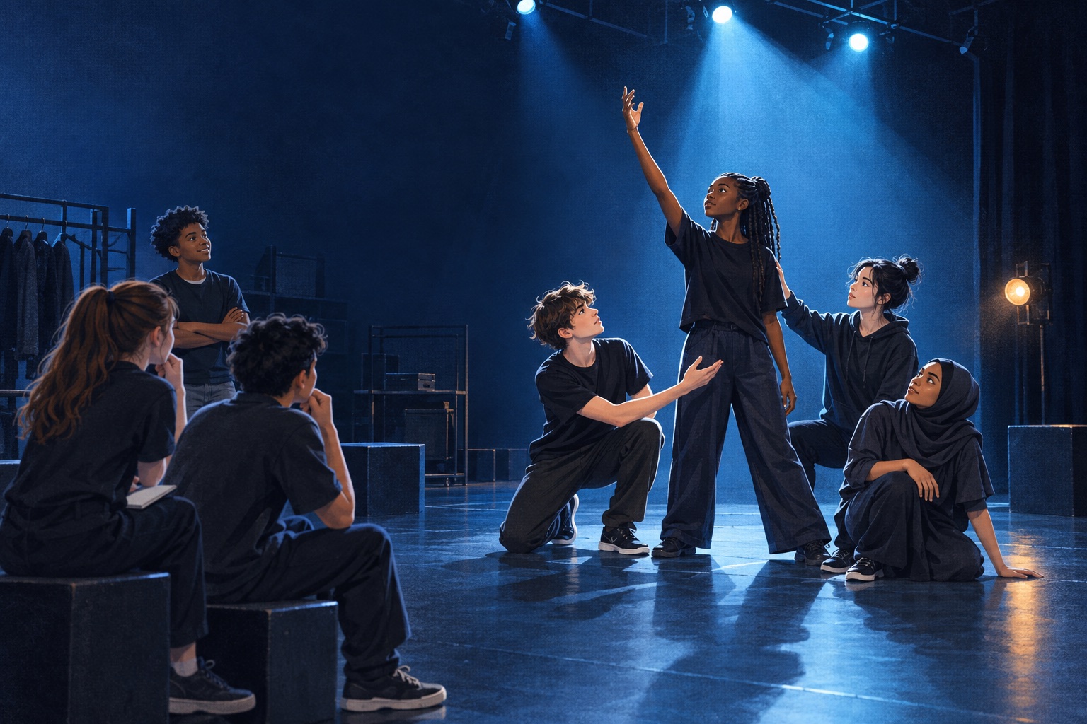 Drama students collaborate on a focused frozen-image rehearsal in a school studio.