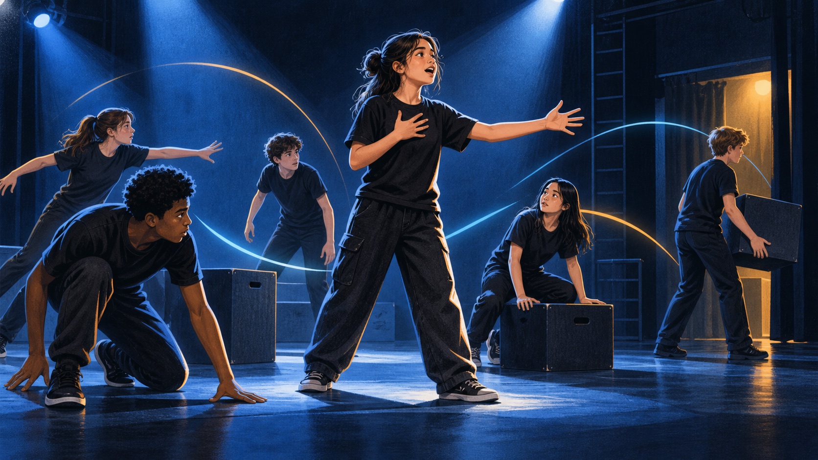Drama students explore voice, movement, spatial relationships and a scene transition in rehearsal.